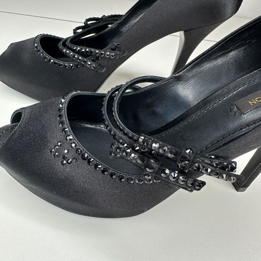 Louis Vuitton Vintage Black Satin Open Toe Crystal Strap Embellished Pumps 37.5 - Picture 6 of 13